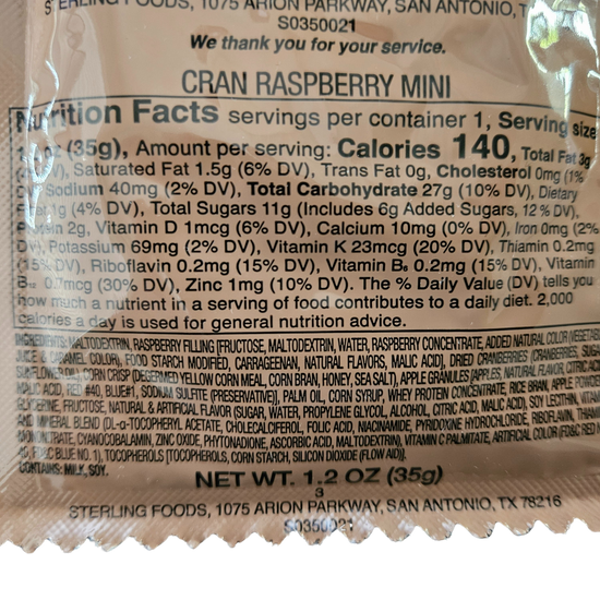 Mini Cran-Raspberry First Strike Energy Bar Nutritional information