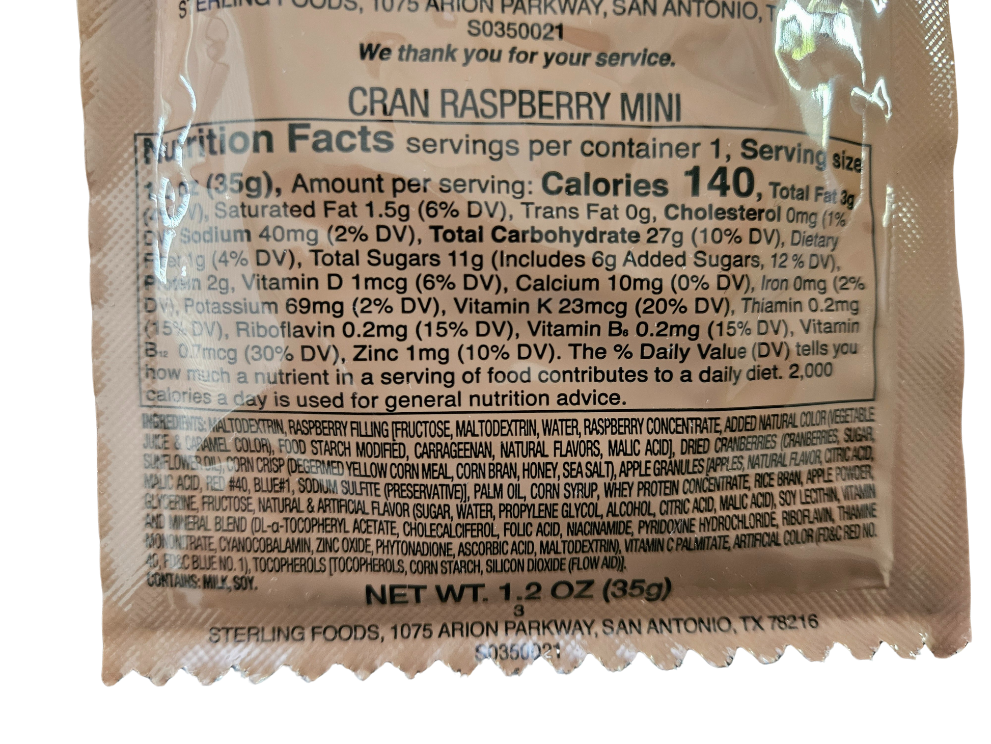 Mini Cran-Raspberry First Strike Energy Bar Nutritional information