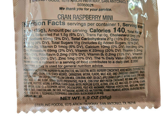 Mini Cran-Raspberry First Strike Energy Bar Nutritional information