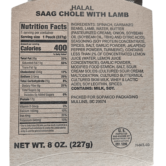 Halal MRE - Saag Chole with Lamb - Epidemic Proof